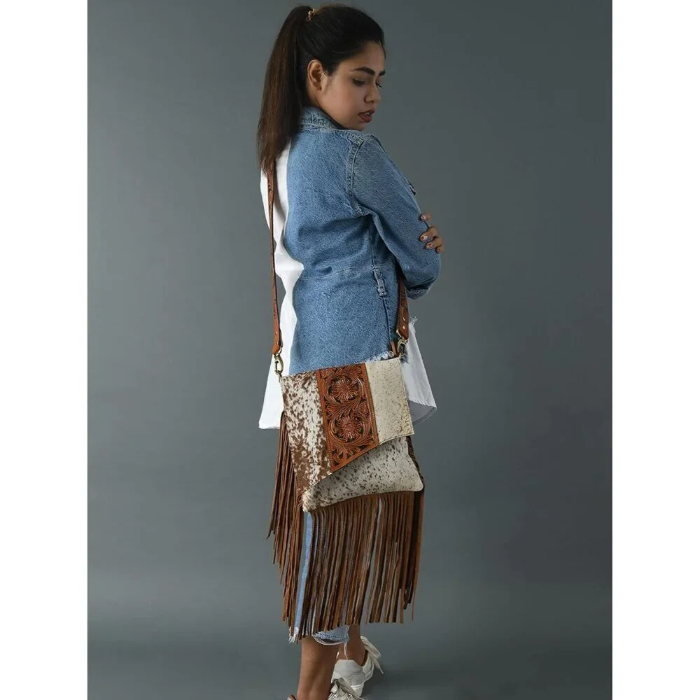 Leather Cross Body Bag Women Hand-Tooled Floral Suede Fringes Adjustable